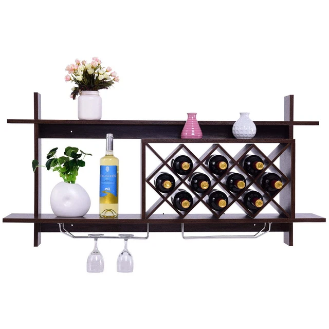 Wall Mount Wine Rack Organizer with Storage Shelf & Glass Holder Home Decor