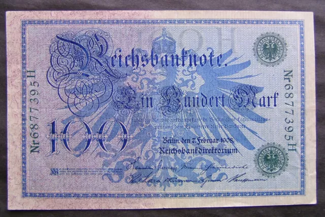 1313  Deutschland Kaiserreich ★★★ 100 Mark 7. Feb. 1908  grünes Siegel ★★★