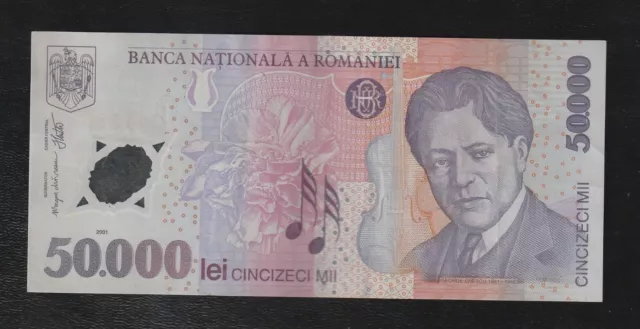 Romania , 50000 Lei, 2001, P-113, Polymer Very Fine+ (VF+) Banknote