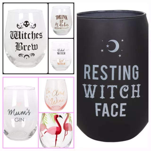 Gift Boxed Stemless Glassware/Tumblers. Witches, Cloud Wine,Mum's Gin, Flamingo,