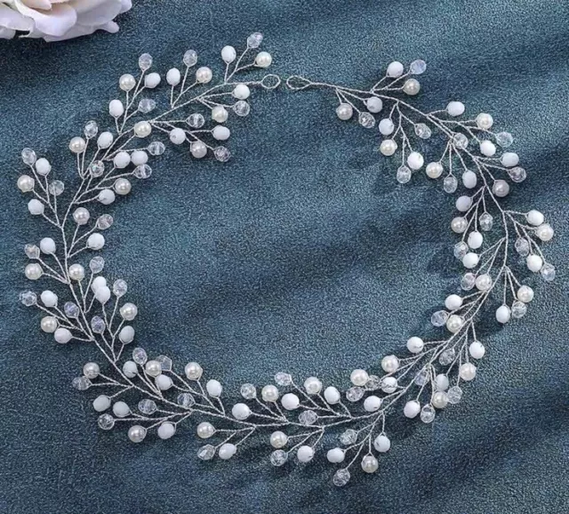 Bridal Wedding Hair Vines Silver Pearls Side Headpieces Sparkly Rhinestone