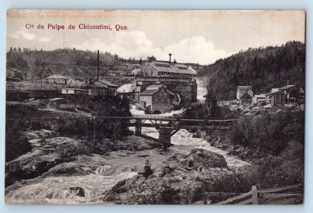 Chicoutimi Quebec Canada Postcard Cie de Pulpe Bridge River c1910 Antique