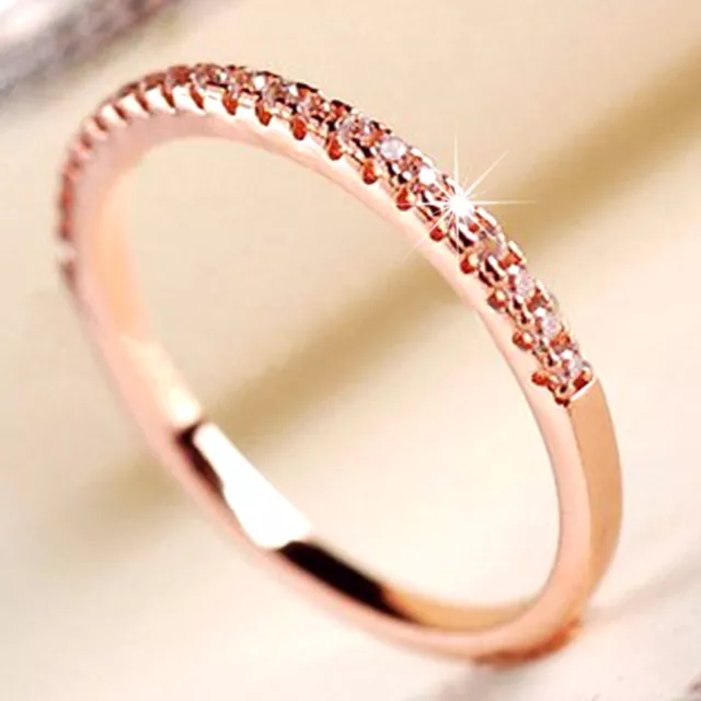 18K Rose Gold Gf Lady Girls Thin Eternity Band Wedding Ring W/ Simulated Diamond