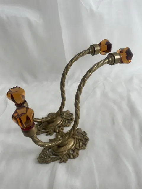 Pair 2 Antique Victorian Ornate Amber Glass Brass Hook Coat Hanger Wall Hardware 10