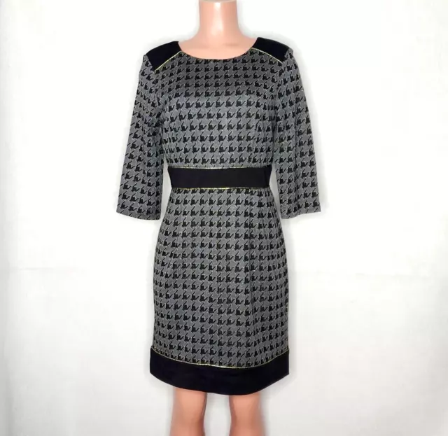 Chetta B Black Gray Houndstooth Knit Dress Sz 10 Gold Metallic Accent 3/4 Sleeve