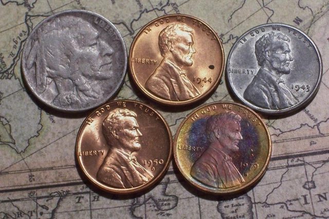 1-1938-D Buffalo, 1-44-S Wheat,  1-43 Steel Wheat, 1-50 Wheat, 1-72-S Mem.