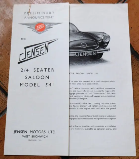 🚘 Brochure Automobile 1950's JENSEN 541 Catalogue Pub Document Prospekt Sales