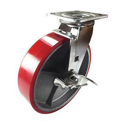 8" x 2" Red Polyurethane on Cast Iron Casters -  Swivel with Brake