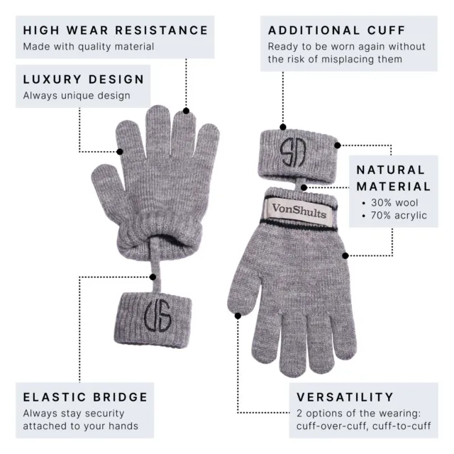 VonShults Lux Never-Lose Kids Children Gloves Wool, Warm, Winter, Cold Weather