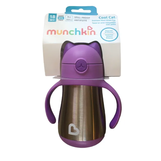 Munchkin New Cool Cat Stainless Steel Toddler Straw Cup 8 Ounce Purple 18 M+