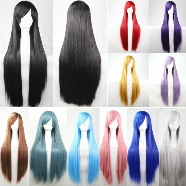 New 80cm Straight Sleek Long Full Hair Wigs w Side Bangs Cosplay Costume Womens