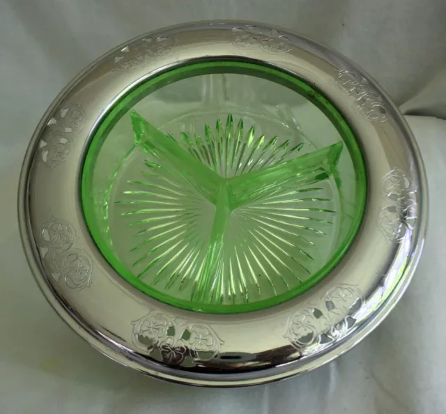Vtg Depression Era Green Vaseline 3 Part Bowl Dish Farberware Chrome Trim-7.5"