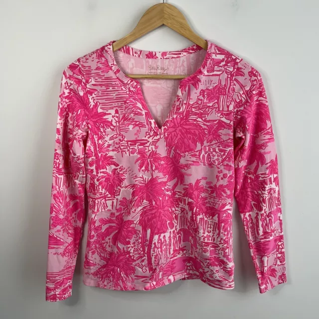 Lilly Pulitzer Top XS Kayleigh Rule Breakers Long Sleeve Pink Print Palm Floral