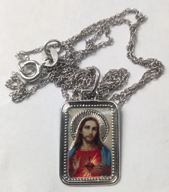 925 STERLING SILVER Sacred Heart of Jesus Medal Necklace Jesus Pendant ...