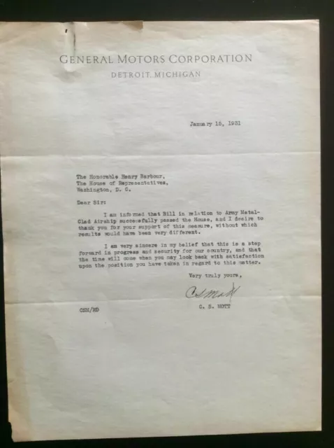 1931 Signed Letter CHARLES MOTT General Motors Co-Founder Re: Metal Airships