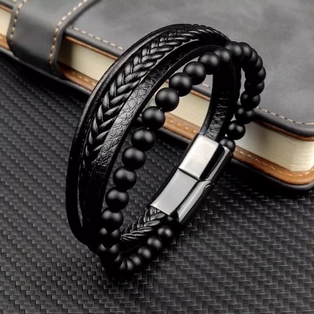 Mens Black Leather Bracelet Wristband Stainless Steel Clasp Jewellery Gift UK