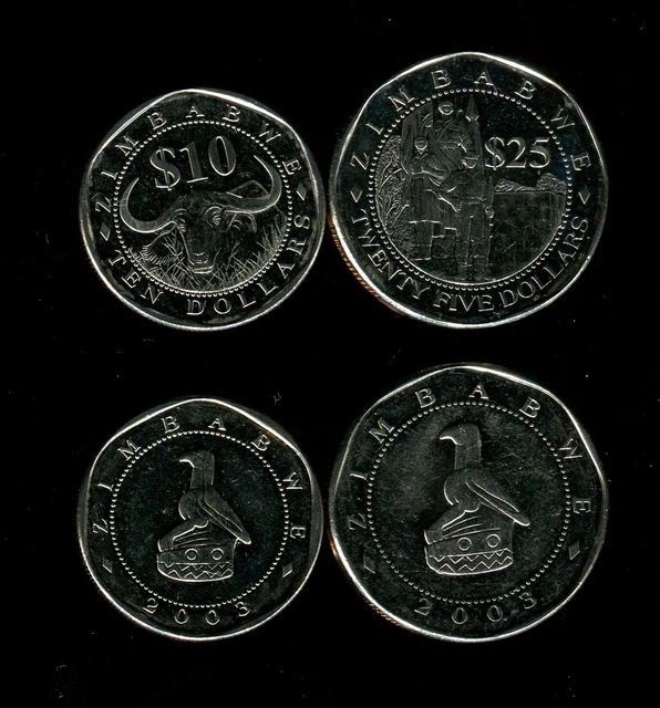 ZIMBABWE: 2 coin set 25 + 10 Dollars 2003  Bird Baffulo WORLD FAUNA Animal UNC