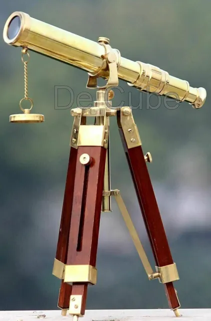 Messing-Teleskop mit Holzstativ, maritimes, nautisches Vintage-Schreibtischdekor