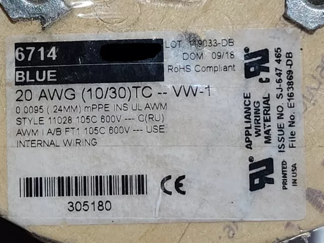 Alpha Wire 6714 #20awg EcoWire mPPE Tinned Copper Hook Up Wire 600V Blue /50ft