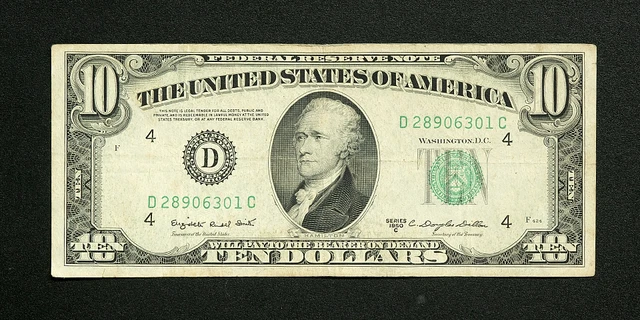 1950 D $10 Ten Dollar Bill Federal Reserve Note Cleveland Old Vintage Currency
