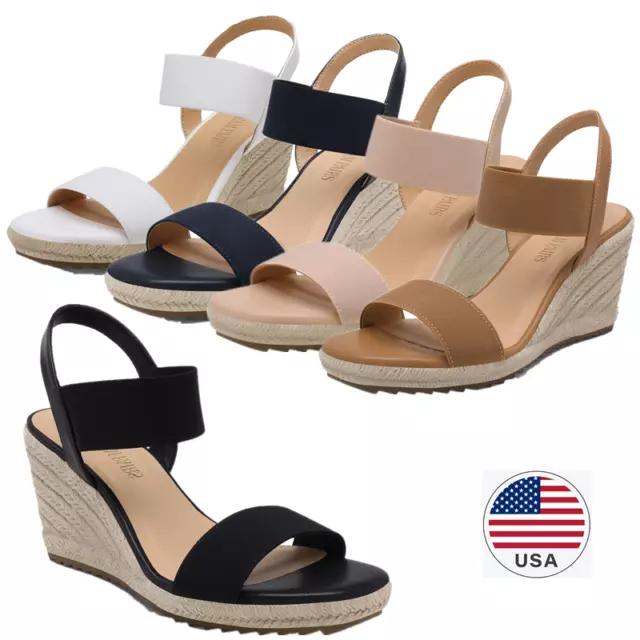 Women Elastic Ankle Strap Open Toe Espadrilles Wedge Sandals Summer Casual Shoes