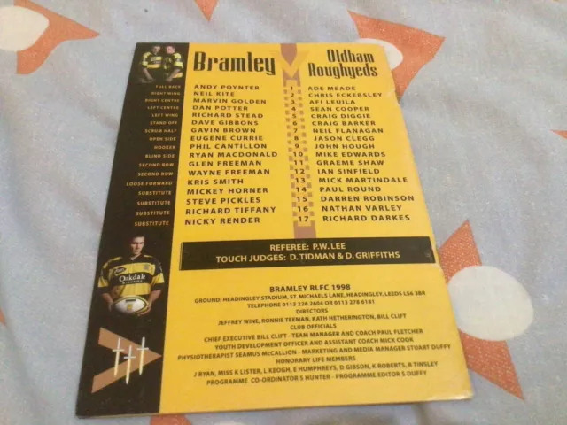 Bramley v Oldham Roughyeds 1998 Programme 2