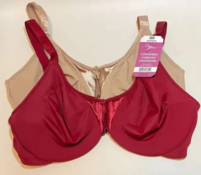 NWT 2 Olga by Warner's Cushioned Comfort Underwire Bras 05006X Beige/Red 38D