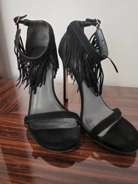 Stuart Weitzman Womens Suede Fringe Ankle Strap Stiletto Sandals Black Size 8