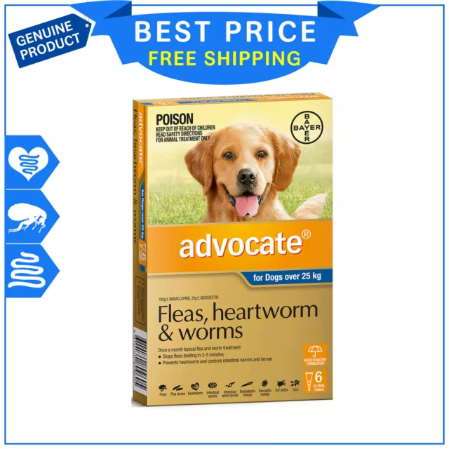 Advocate for Dogs 6 Pipettes Over 25 Kg BLUE Pack Flea Heartworm Worm Control