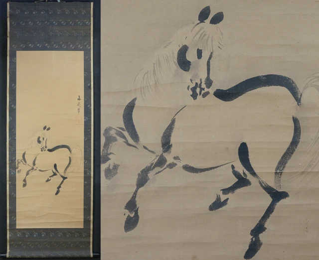 Antique Japan Sumi-e master horse painting scroll art 1880