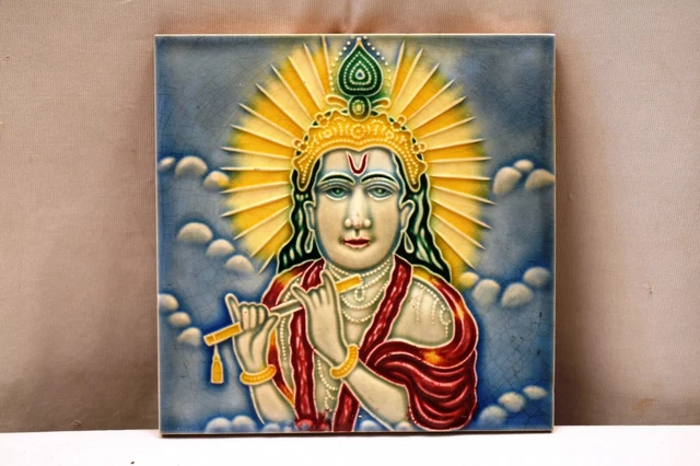 Antique Tile Art Nouveau Majolica Japan Lord Krishna Playing The Flute Porcel"J9