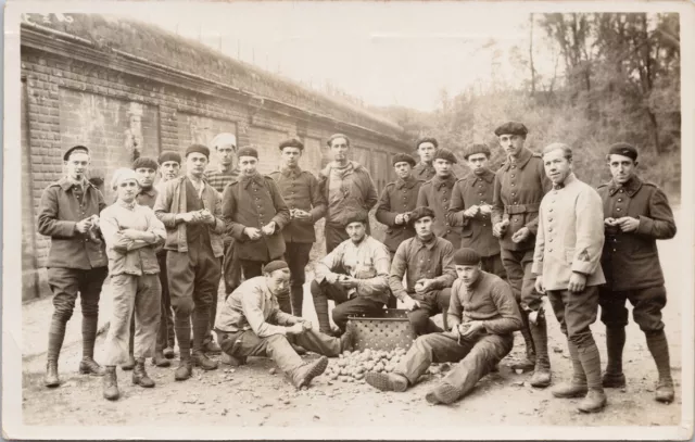 Belgium Troops Soldiers Peeling Potatoes ?? Unidentified Loc WW1 RP Postcard H52