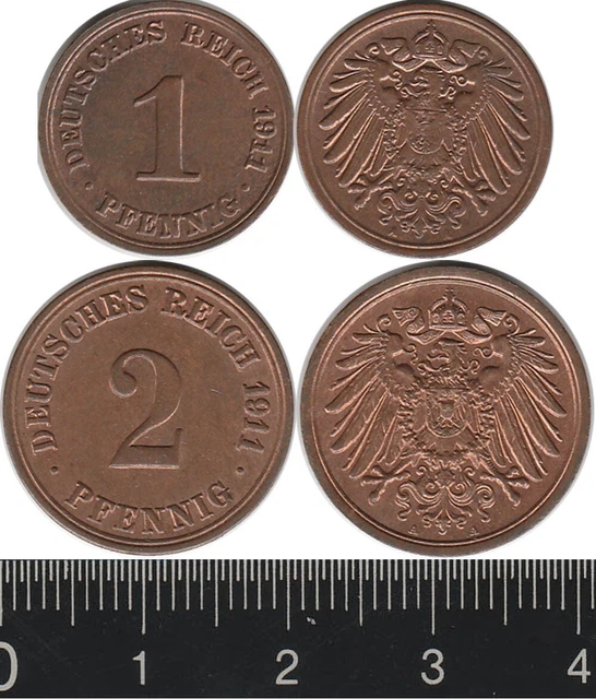 Germany 1911A 1 Pfennig, 2 Pfennig Wilhelm II Deutsches Reich both UNC (2 coins)