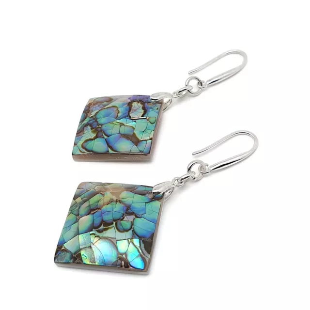 Rainbow Paua Earrings Natural Abalone Shell Dangle Drop Boho Sterling Silver