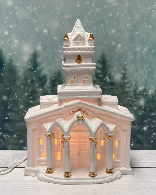 1997 White Porcelain Lighted Church With Gold Accents | Christmas Village Decor