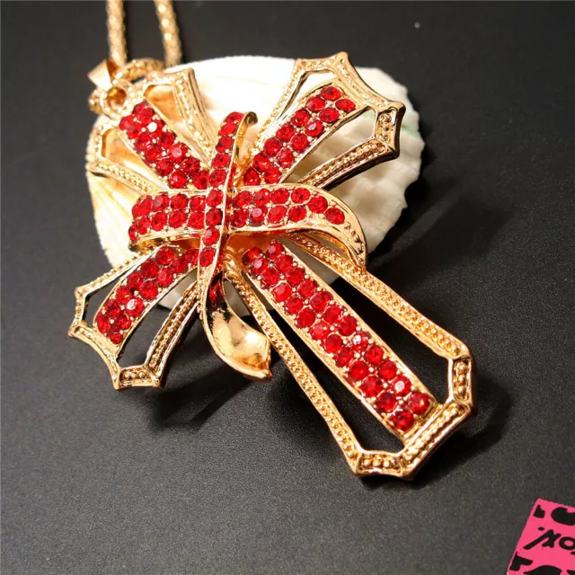 New  Red Rhinestone Cross Bling Crystal Pendant Betsey Johnson Necklace