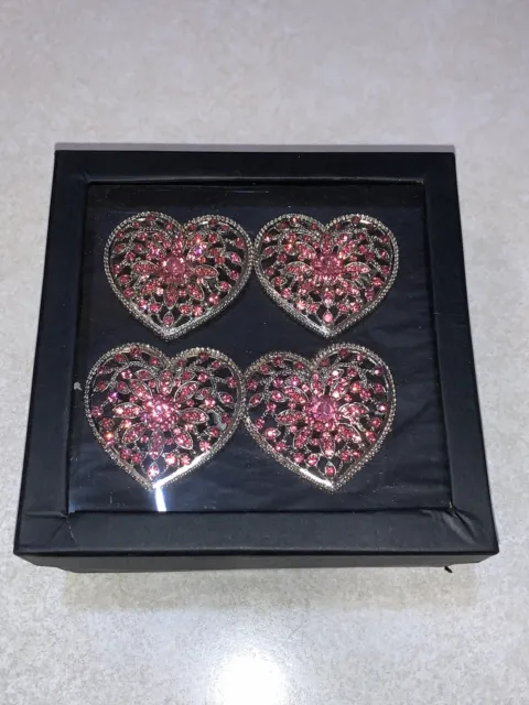 Tahari Home Set of 4 Silver Metal Heart PINK Rhinestone Napkin Rings Valentine