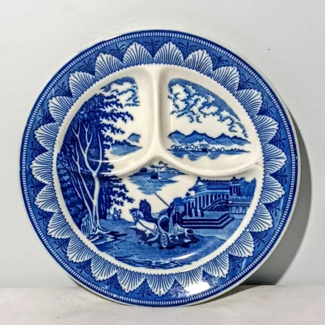 Vintage Mid Century Greek Diner Restaurant Ware Divided Flow Blue Grill Plate