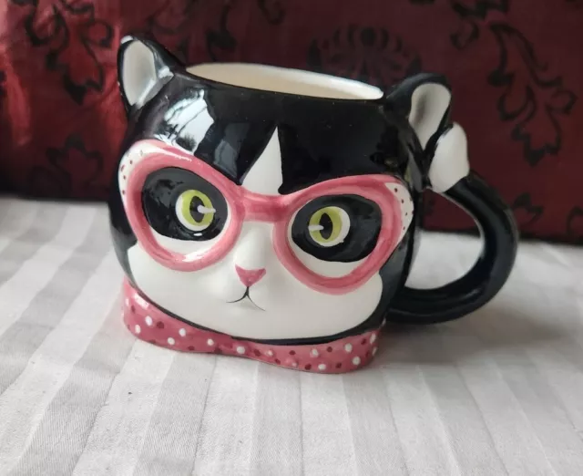 Black Cat with Pink Glasses Green Eyes Feline Kitty Coffee Tea Tuxedo Mug Cup