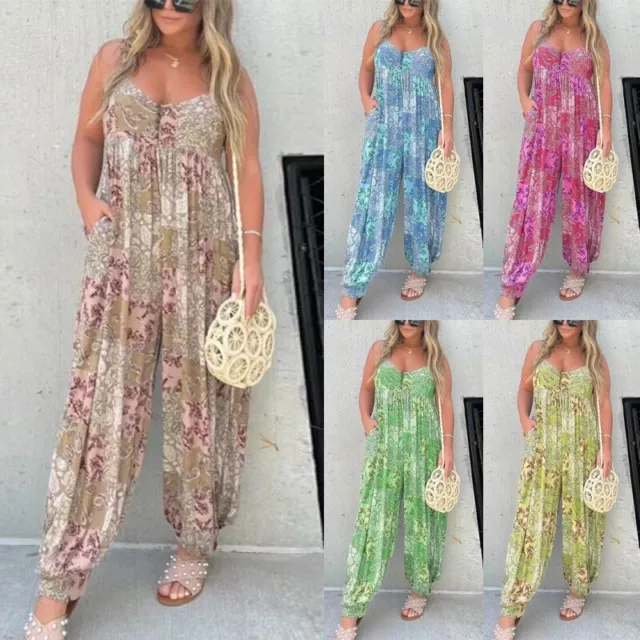 Women Long Pants Bohemian Jumpsuits Ladies Sleeveless Vacation Casual Floral