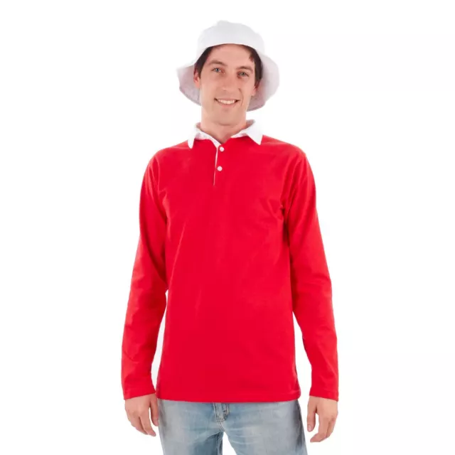 Mens Island Castaway Gilligan Red Rugby Polo Long Shirt White Bucket Hat Costume