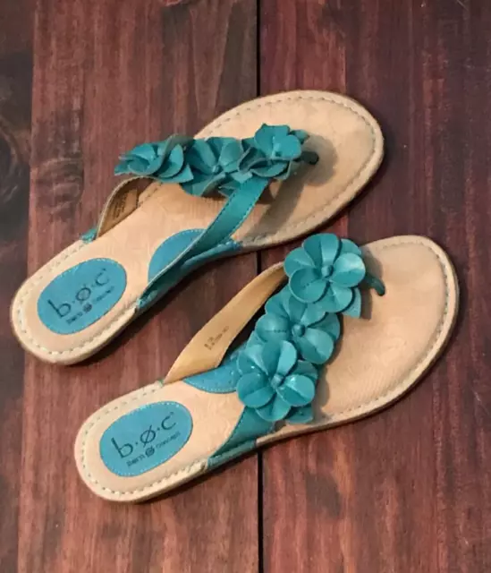 BOC Green Leather Thong Flip Flop Comfort Sandals 3D Flowers Womens 8