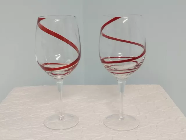 Set Of 2 Pier One Red Swirl Wine Glass 9" Glasses