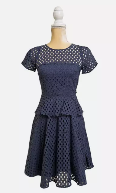 NEW Banana Republic Geo Lace Eyelet Peplum Mini Dress Size 12 A Line Navy Blue