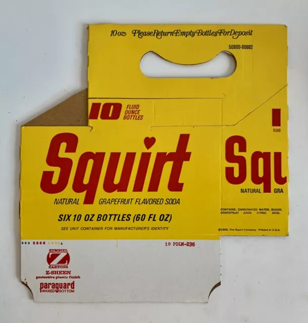 1968 SQUIRT SODA Empty CARTON,BOX, for 6 10-oz Bottles grapefruit flavored, pop
