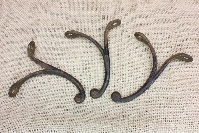 3 Old Single Coat Hooks Farm School House 1850’s Vintage Rustic Cast Iron 3" 8