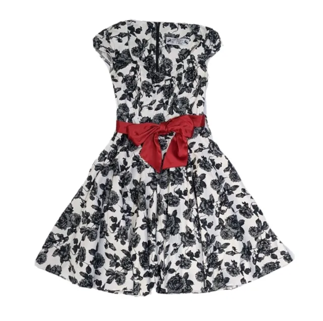 Hell Bunny Vixen Retro Pinup Black White Floral Dress XS Red Satin Sash 1950s