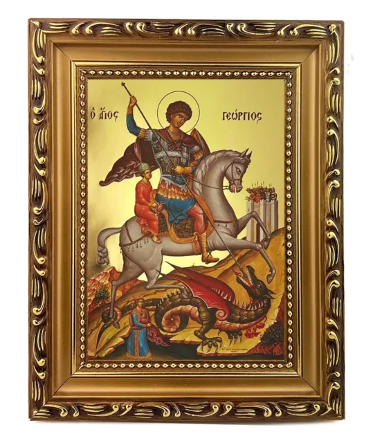 St Saint George Icon Greek Orthodox Icon  Gold Wooden Frame Byzantine