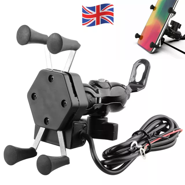 Universal Motorcycle Motorbike Mobile Phone Mount Holder X Grip Clamp USB Charge