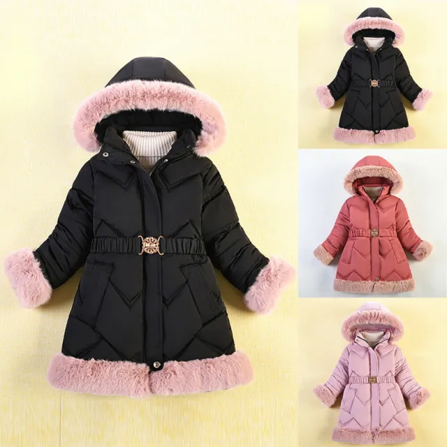 Kids Girls Winter Warm Hooded Coat Padded Thick Parka Fur Cotton Long Jacket UK